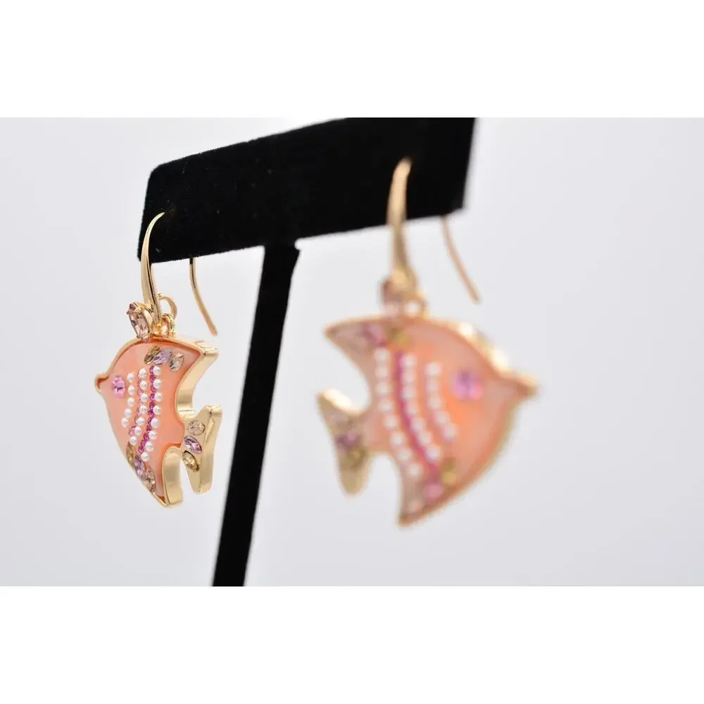 Angel Fish Dangle Earrings Pink Rhinestone Crystal Gold Beach Summer Y2K BinAE